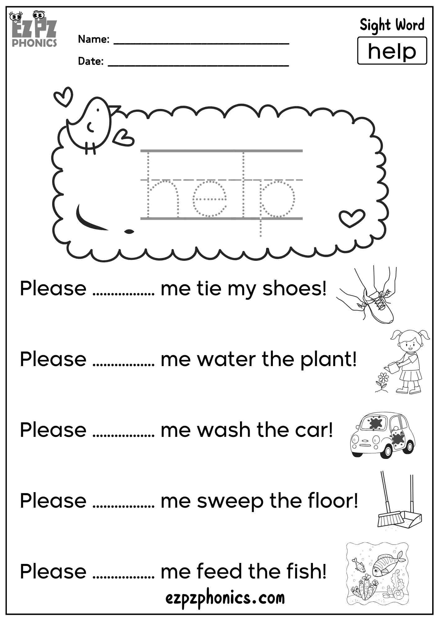 The Word “Help” - Dolch Pre-Kindergarten Sight Words Sentences Worksheet – Free PDF Download